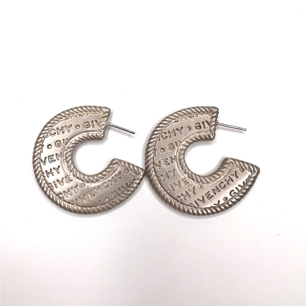 Vintage Givenchy Silver-Tone Embossed C Hoop Earrings